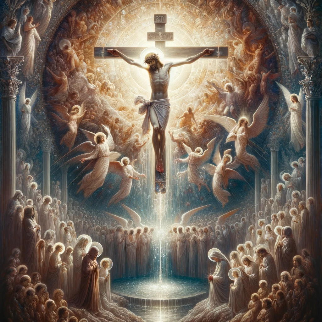 DALLE 2024 03 23 22.11.42 A symbolic and reverent depiction of the Crucifixion focusing on the theme of sacrifice and redemption. The scene captures a figure symbolizing C