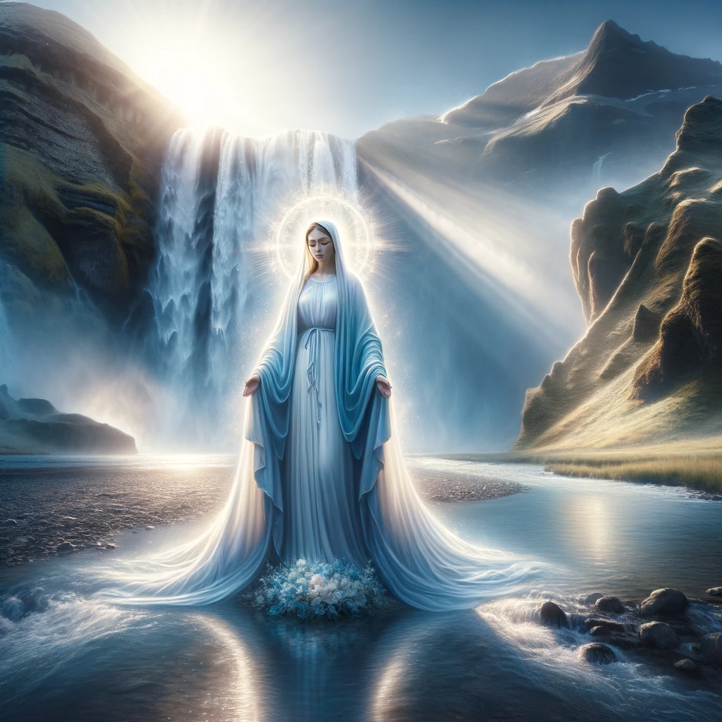 DALLE 2024 03 23 22.02.44 A serene and ethereal depiction of the Blessed Virgin Mary immersed in a radiant heavenly light. She stands gracefully at the forefront her gaz