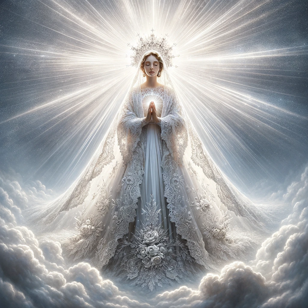 DALLE 2024 04 24 21.55.51 An ethereal depiction of the Virgin Mary dressed in an ornate white lace gown radiating divine light with clouds at her feet. The setting is hig