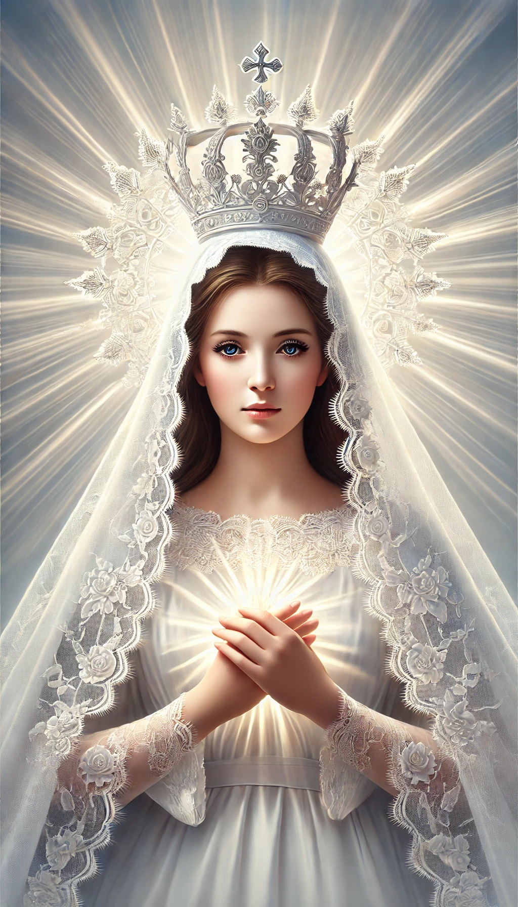 DALLE 2024 08 03 23.04.40 The Blessed Virgin Mary dressed in white with a white lace veil. Her dress emits strong white rays of light. The background is a sky filled with light