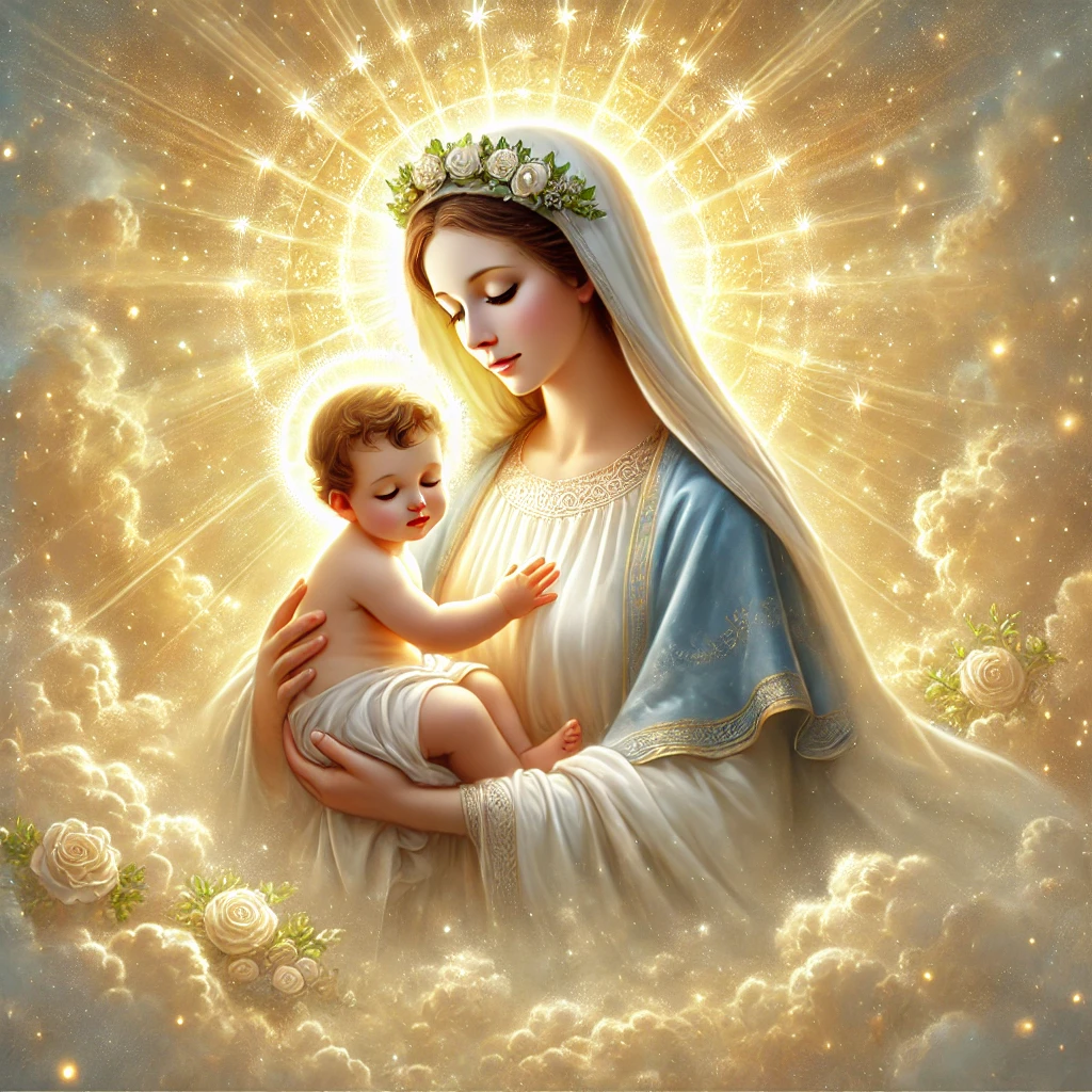 DALLE 2024 08 10 11.39.24 A serene and heavenly scene featuring the Blessed Virgin Mary holding the baby Jesus. They are surrounded by a radiant sea of light which emanates a 